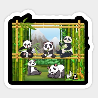 Cute Panda Bears eating Bamboo in a Bamboo Frame Sticker